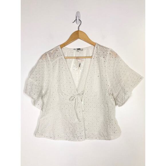 Madewell Eyelet Tie Front Top Short Sleeve V Neck Soft White NWT Size Large - Picture 6 of 13